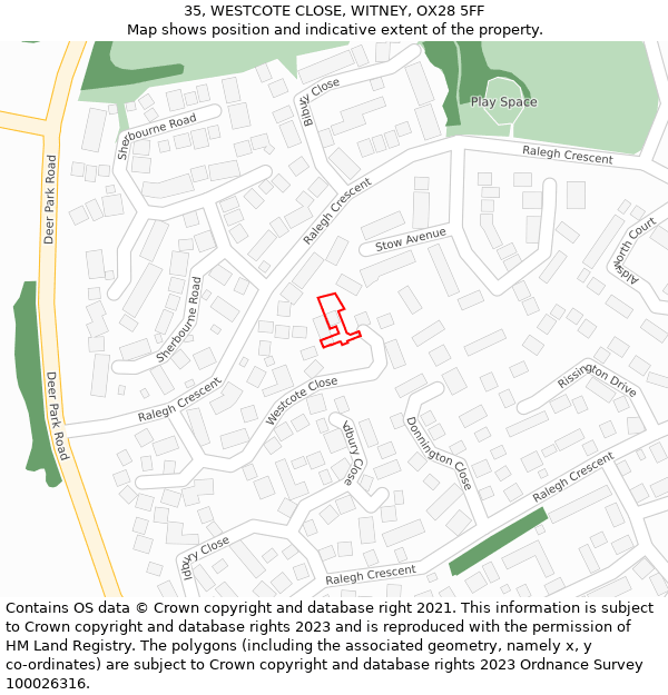 35, WESTCOTE CLOSE, WITNEY, OX28 5FF: Location map and indicative extent of plot