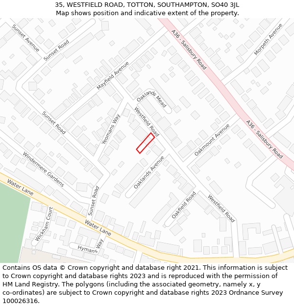 35, WESTFIELD ROAD, TOTTON, SOUTHAMPTON, SO40 3JL: Location map and indicative extent of plot