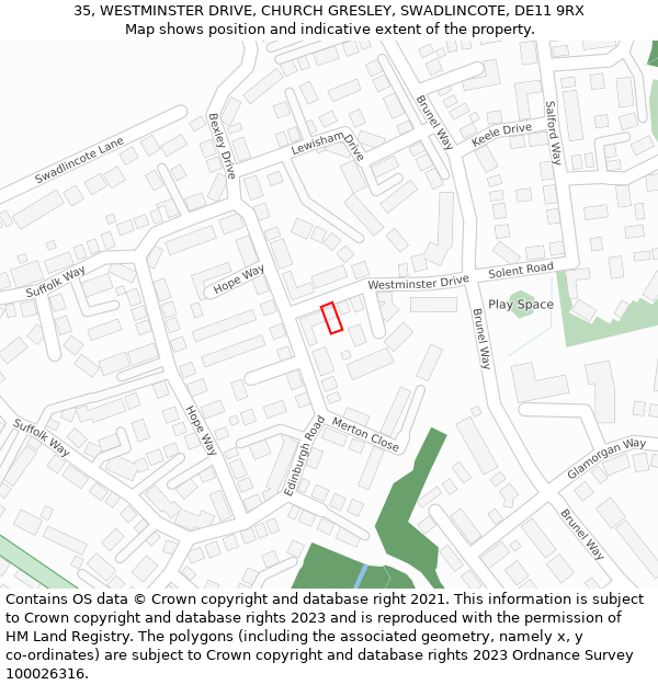 35, WESTMINSTER DRIVE, CHURCH GRESLEY, SWADLINCOTE, DE11 9RX: Location map and indicative extent of plot