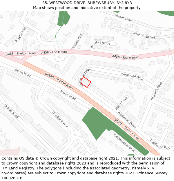 35, WESTWOOD DRIVE, SHREWSBURY, SY3 8YB: Location map and indicative extent of plot