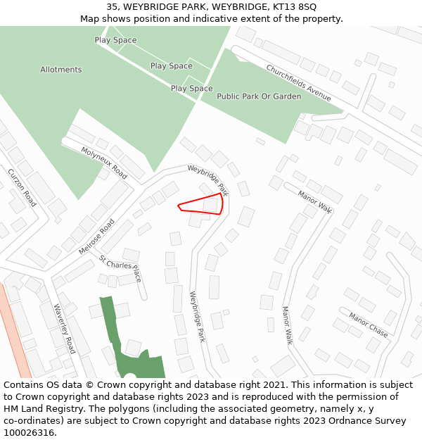 35, WEYBRIDGE PARK, WEYBRIDGE, KT13 8SQ: Location map and indicative extent of plot