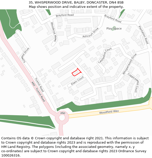 35, WHISPERWOOD DRIVE, BALBY, DONCASTER, DN4 8SB: Location map and indicative extent of plot