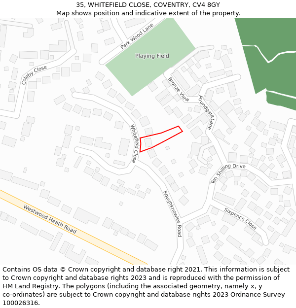 35, WHITEFIELD CLOSE, COVENTRY, CV4 8GY: Location map and indicative extent of plot