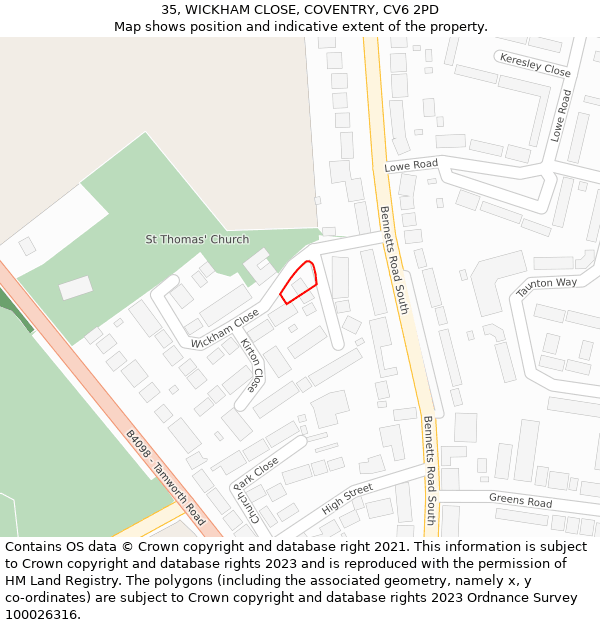 35, WICKHAM CLOSE, COVENTRY, CV6 2PD: Location map and indicative extent of plot