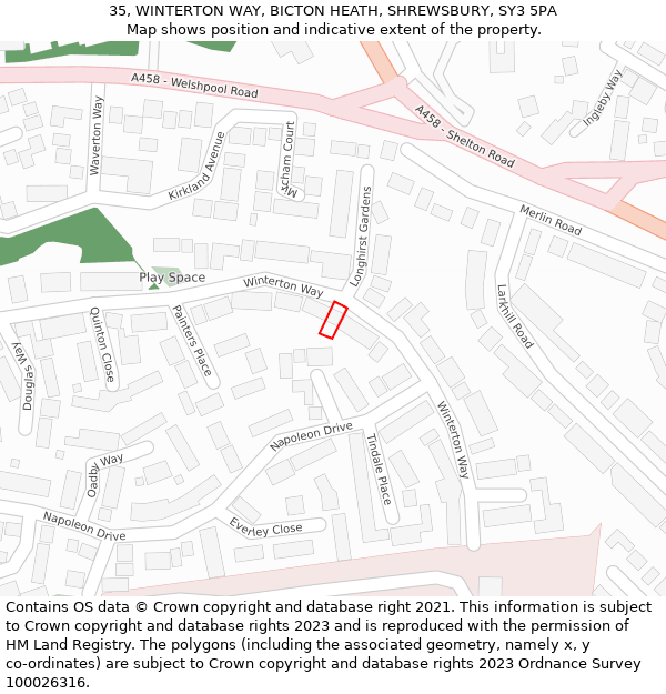 35, WINTERTON WAY, BICTON HEATH, SHREWSBURY, SY3 5PA: Location map and indicative extent of plot