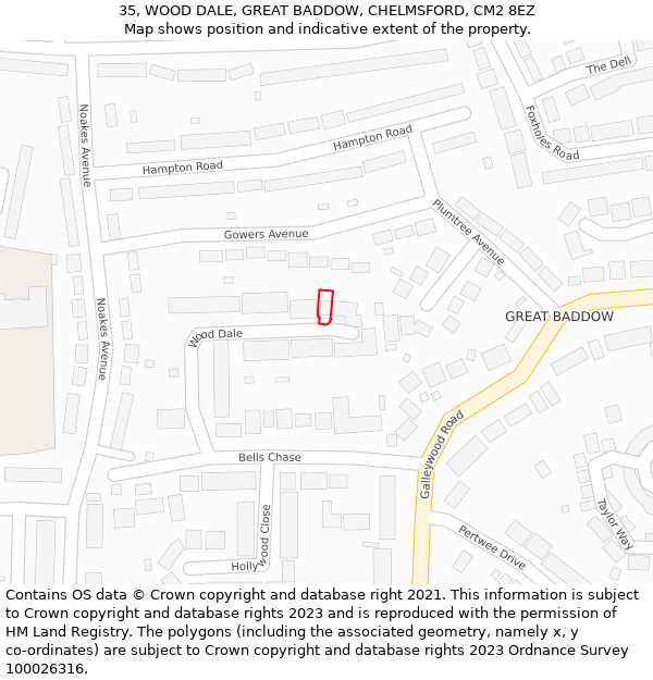 35, WOOD DALE, GREAT BADDOW, CHELMSFORD, CM2 8EZ: Location map and indicative extent of plot