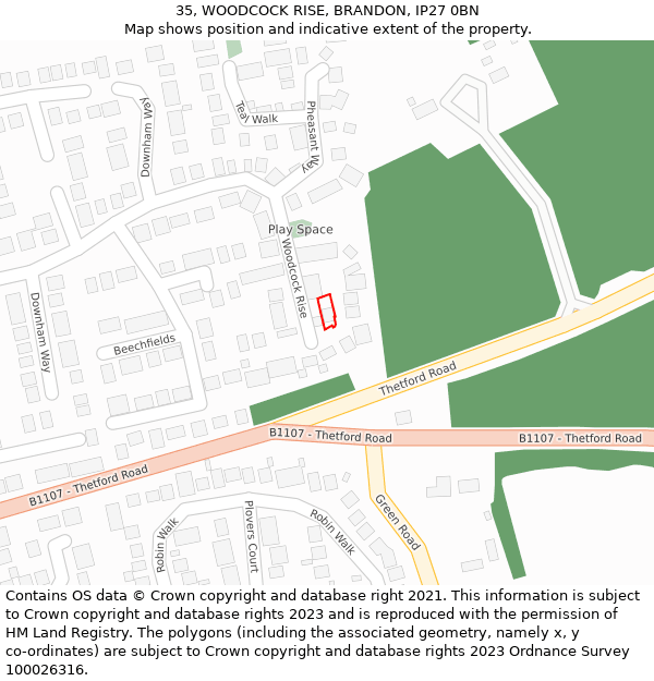 35, WOODCOCK RISE, BRANDON, IP27 0BN: Location map and indicative extent of plot