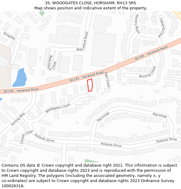 35, WOODGATES CLOSE, HORSHAM, RH13 5RS: Location map and indicative extent of plot