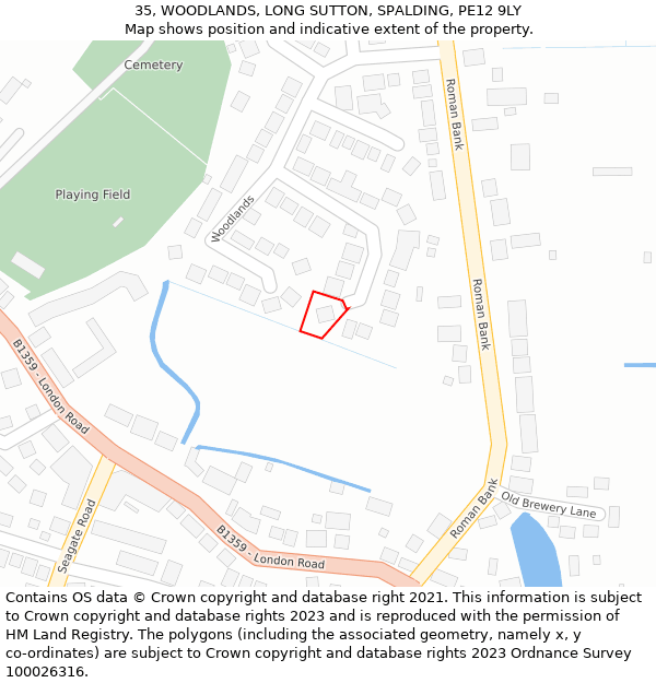 35, WOODLANDS, LONG SUTTON, SPALDING, PE12 9LY: Location map and indicative extent of plot