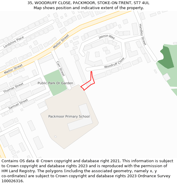 35, WOODRUFF CLOSE, PACKMOOR, STOKE-ON-TRENT, ST7 4UL: Location map and indicative extent of plot