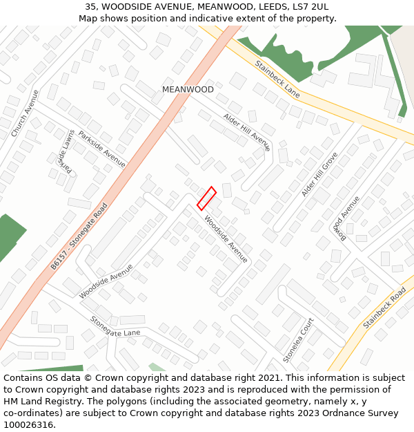 35, WOODSIDE AVENUE, MEANWOOD, LEEDS, LS7 2UL: Location map and indicative extent of plot