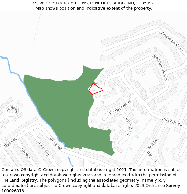 35, WOODSTOCK GARDENS, PENCOED, BRIDGEND, CF35 6ST: Location map and indicative extent of plot