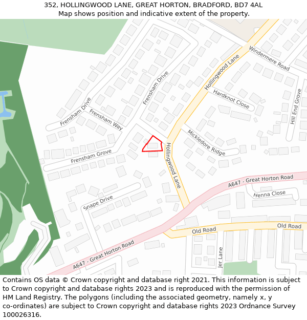 352, HOLLINGWOOD LANE, GREAT HORTON, BRADFORD, BD7 4AL: Location map and indicative extent of plot