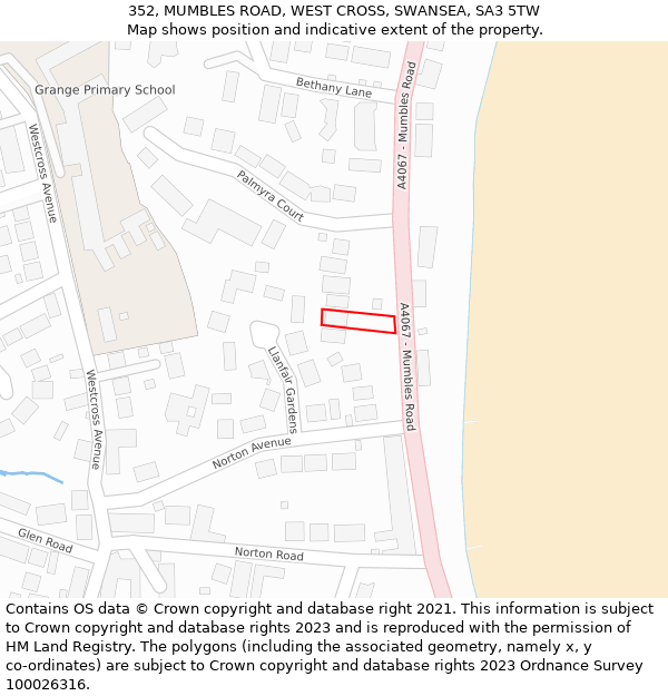 352, MUMBLES ROAD, WEST CROSS, SWANSEA, SA3 5TW: Location map and indicative extent of plot