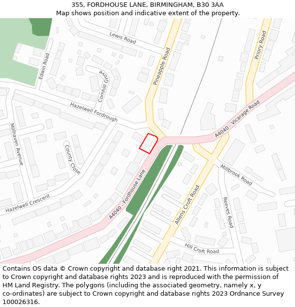 355, FORDHOUSE LANE, BIRMINGHAM, B30 3AA: Location map and indicative extent of plot