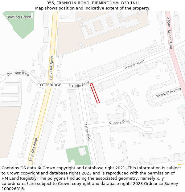 355, FRANKLIN ROAD, BIRMINGHAM, B30 1NH: Location map and indicative extent of plot
