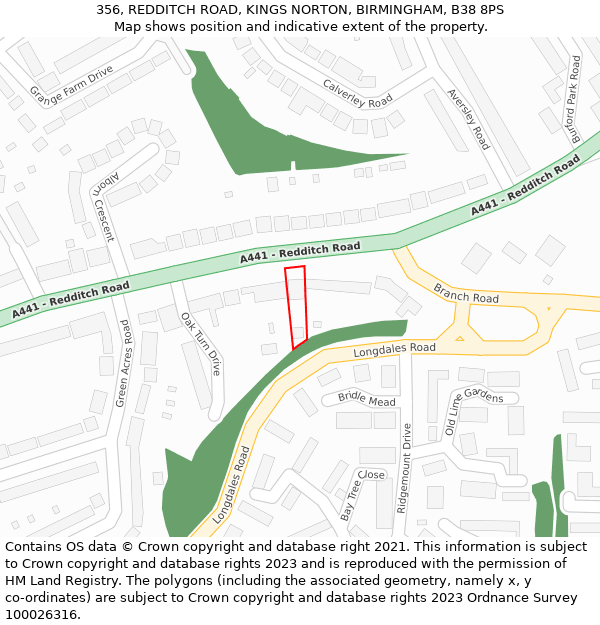 356, REDDITCH ROAD, KINGS NORTON, BIRMINGHAM, B38 8PS: Location map and indicative extent of plot