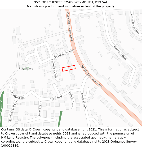 357, DORCHESTER ROAD, WEYMOUTH, DT3 5AU: Location map and indicative extent of plot