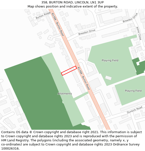 358, BURTON ROAD, LINCOLN, LN1 3UP: Location map and indicative extent of plot