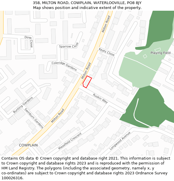 358, MILTON ROAD, COWPLAIN, WATERLOOVILLE, PO8 8JY: Location map and indicative extent of plot