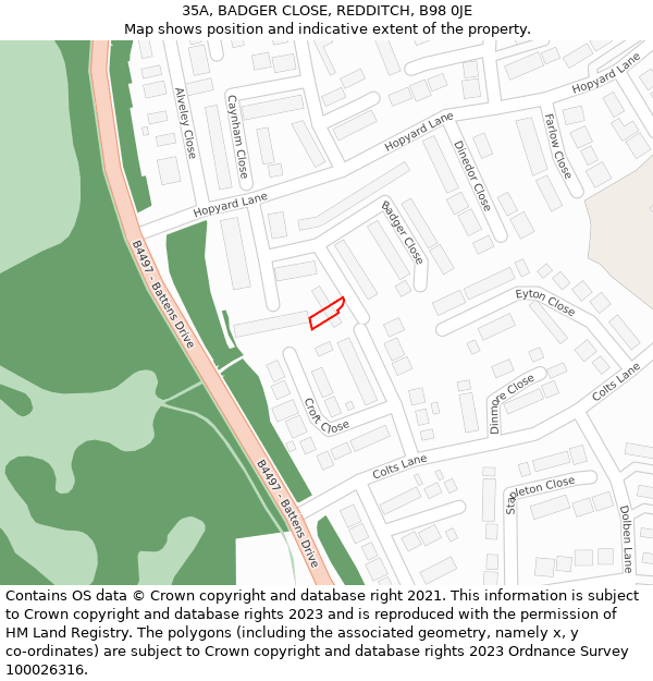 35A, BADGER CLOSE, REDDITCH, B98 0JE: Location map and indicative extent of plot