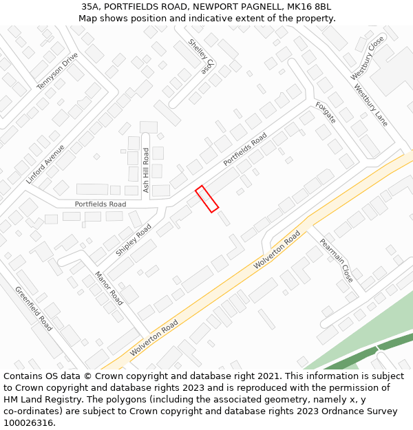 35A, PORTFIELDS ROAD, NEWPORT PAGNELL, MK16 8BL: Location map and indicative extent of plot