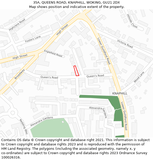 35A, QUEENS ROAD, KNAPHILL, WOKING, GU21 2DX: Location map and indicative extent of plot