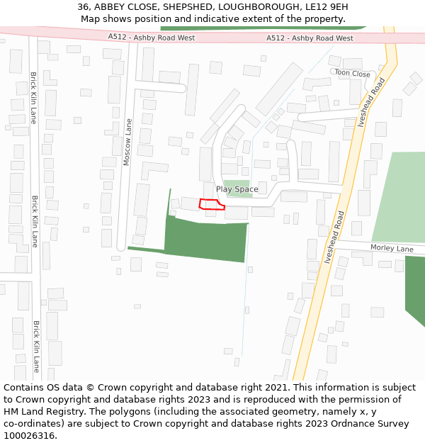 36, ABBEY CLOSE, SHEPSHED, LOUGHBOROUGH, LE12 9EH: Location map and indicative extent of plot