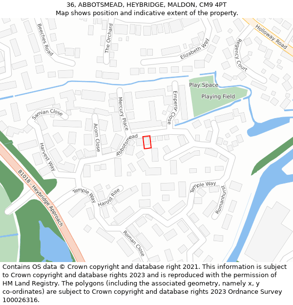 36, ABBOTSMEAD, HEYBRIDGE, MALDON, CM9 4PT: Location map and indicative extent of plot
