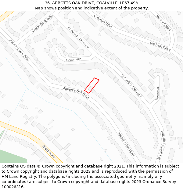 36, ABBOTTS OAK DRIVE, COALVILLE, LE67 4SA: Location map and indicative extent of plot