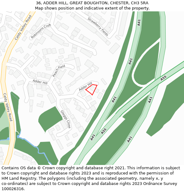 36, ADDER HILL, GREAT BOUGHTON, CHESTER, CH3 5RA: Location map and indicative extent of plot