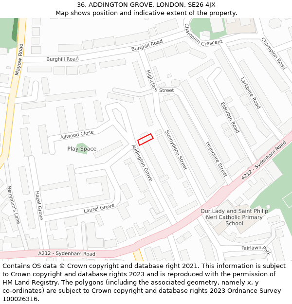 36, ADDINGTON GROVE, LONDON, SE26 4JX: Location map and indicative extent of plot