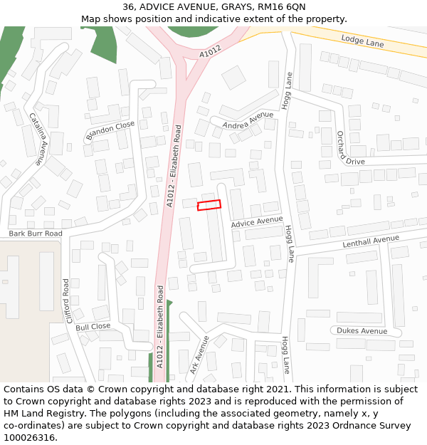 36, ADVICE AVENUE, GRAYS, RM16 6QN: Location map and indicative extent of plot