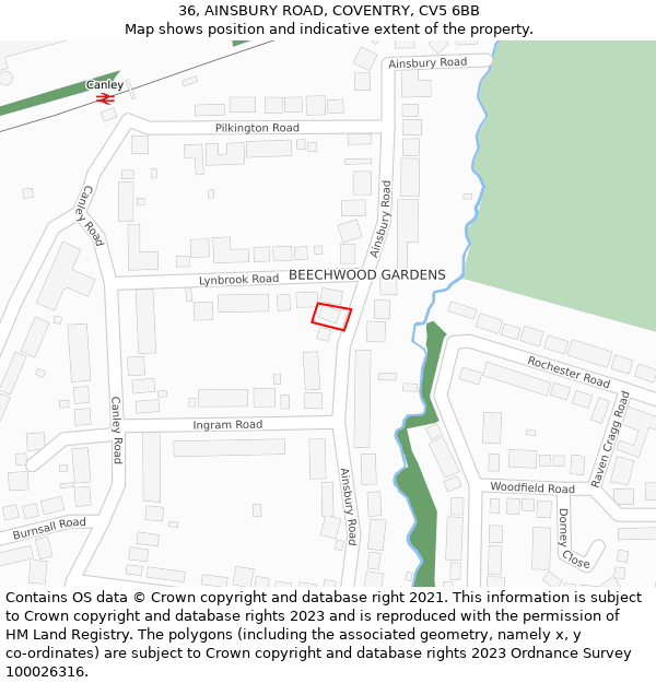 36, AINSBURY ROAD, COVENTRY, CV5 6BB: Location map and indicative extent of plot