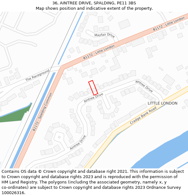 36, AINTREE DRIVE, SPALDING, PE11 3BS: Location map and indicative extent of plot