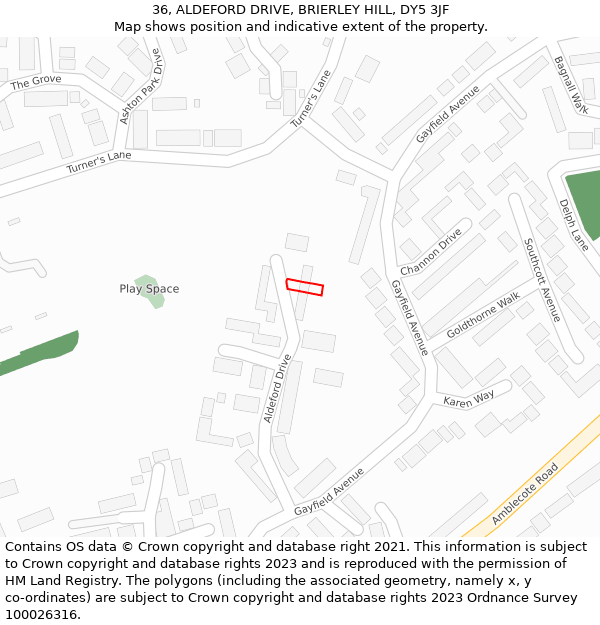 36, ALDEFORD DRIVE, BRIERLEY HILL, DY5 3JF: Location map and indicative extent of plot