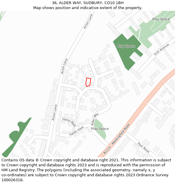 36, ALDER WAY, SUDBURY, CO10 1BH: Location map and indicative extent of plot