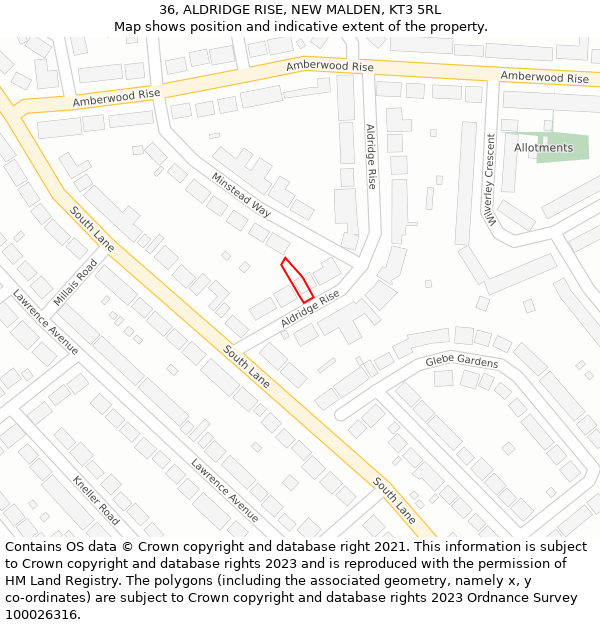 36, ALDRIDGE RISE, NEW MALDEN, KT3 5RL: Location map and indicative extent of plot