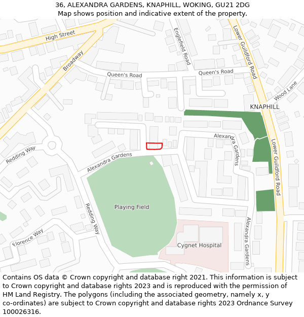 36, ALEXANDRA GARDENS, KNAPHILL, WOKING, GU21 2DG: Location map and indicative extent of plot