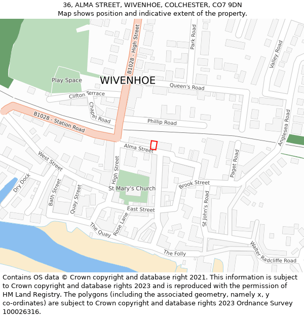 36, ALMA STREET, WIVENHOE, COLCHESTER, CO7 9DN: Location map and indicative extent of plot