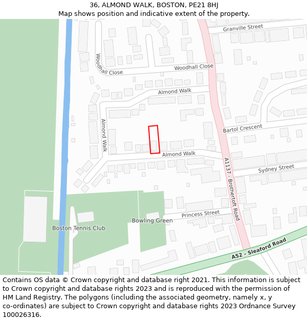 36, ALMOND WALK, BOSTON, PE21 8HJ: Location map and indicative extent of plot