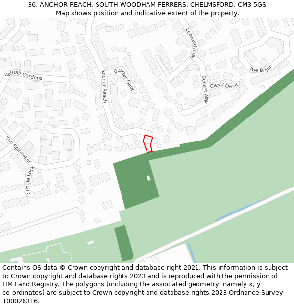 36, ANCHOR REACH, SOUTH WOODHAM FERRERS, CHELMSFORD, CM3 5GS: Location map and indicative extent of plot