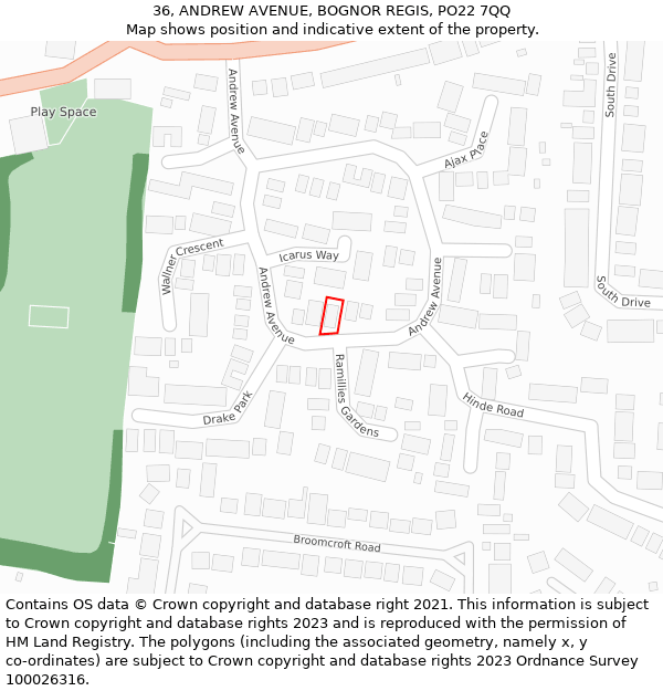 36, ANDREW AVENUE, BOGNOR REGIS, PO22 7QQ: Location map and indicative extent of plot