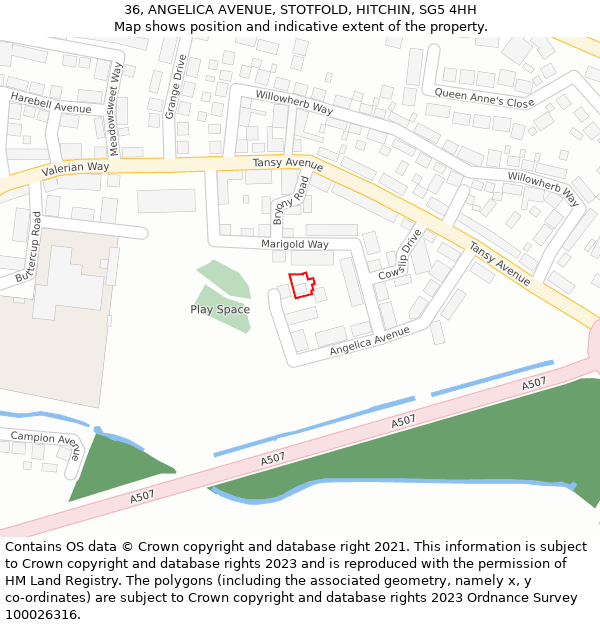 36, ANGELICA AVENUE, STOTFOLD, HITCHIN, SG5 4HH: Location map and indicative extent of plot