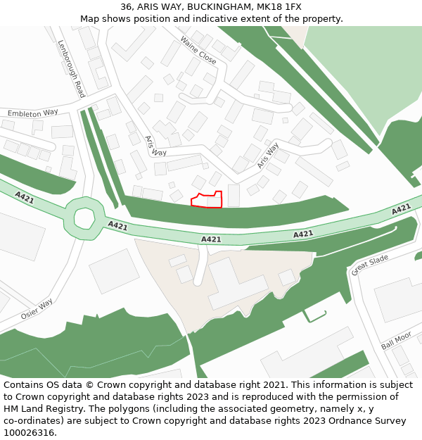 36, ARIS WAY, BUCKINGHAM, MK18 1FX: Location map and indicative extent of plot