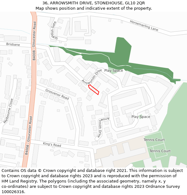 36, ARROWSMITH DRIVE, STONEHOUSE, GL10 2QR: Location map and indicative extent of plot