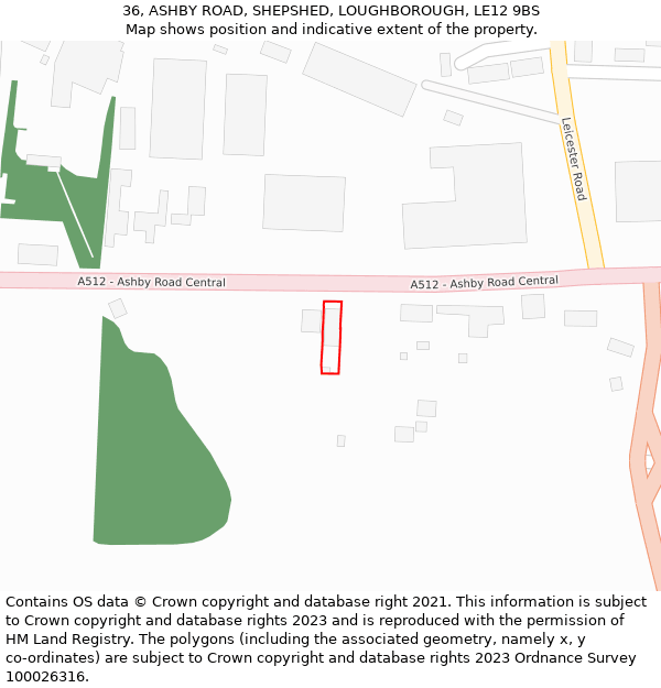 36, ASHBY ROAD, SHEPSHED, LOUGHBOROUGH, LE12 9BS: Location map and indicative extent of plot