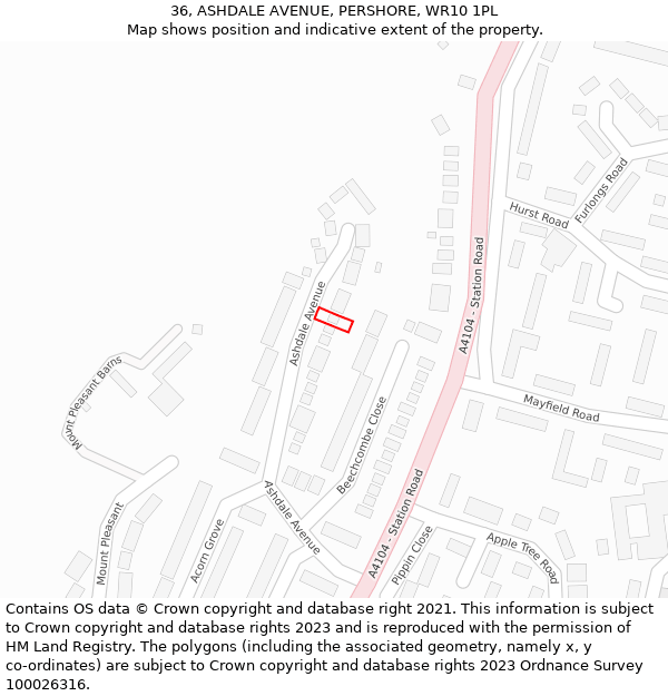 36, ASHDALE AVENUE, PERSHORE, WR10 1PL: Location map and indicative extent of plot