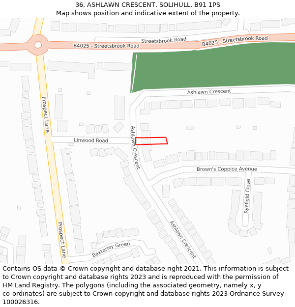 36, ASHLAWN CRESCENT, SOLIHULL, B91 1PS: Location map and indicative extent of plot