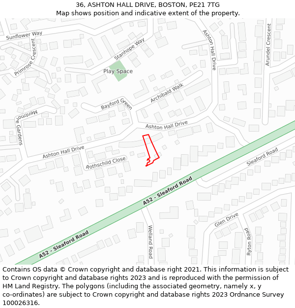 36, ASHTON HALL DRIVE, BOSTON, PE21 7TG: Location map and indicative extent of plot